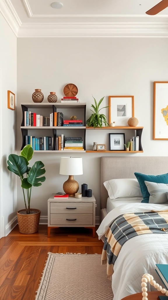 A stylish bedroom featuring open shelving with books, decor, and plants.