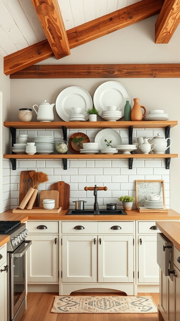 A modern farmhouse kitchen with open wooden shelves displaying dishes and decor