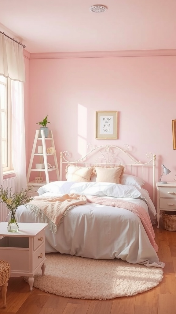 A cozy bedroom featuring pastel pink walls, a white bed with layered bedding, and a soft rug.