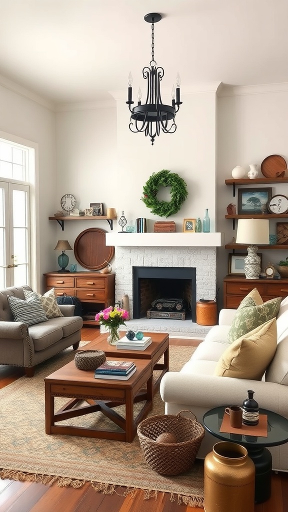 A cozy living room featuring rustic furniture and family heirlooms, including a wreath on the mantel and decorative items on shelves.