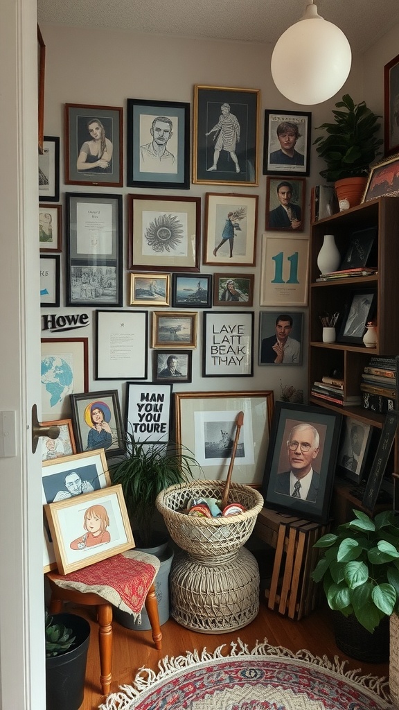 A cozy art corner featuring framed artwork on the walls, a woven basket with yarn, and plants.