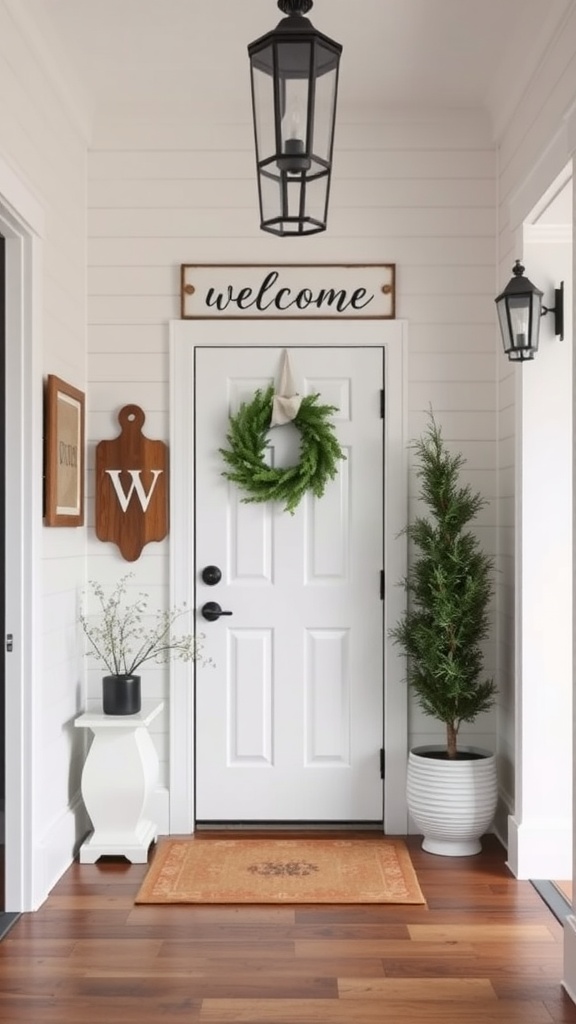 A welcoming farmhouse entrance featuring a white door, a wreath, personalized wooden decor, and potted plants.