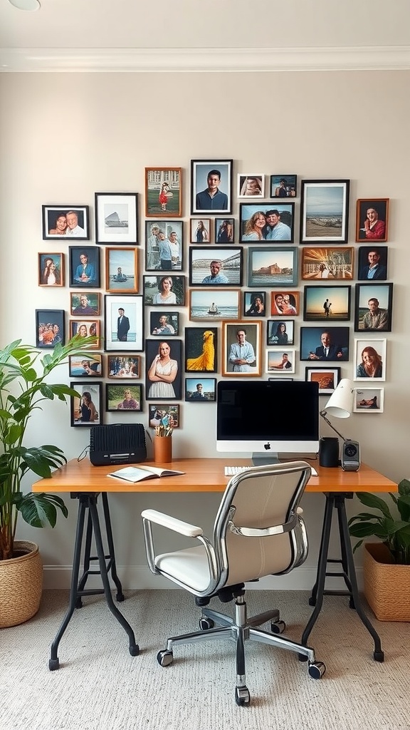 A home office featuring a personalized gallery wall filled with framed photos, a wooden desk, a chair, and plants.