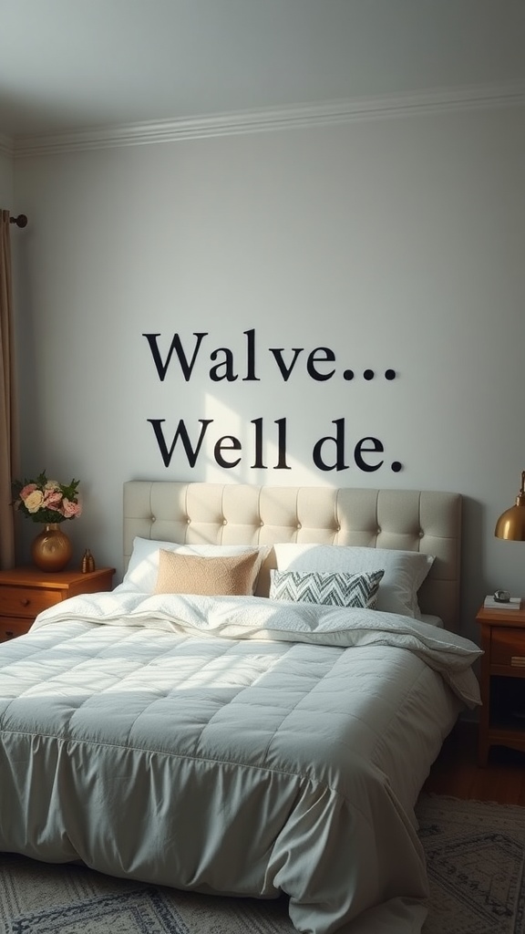 A cozy bedroom featuring a tufted headboard and a decorative wall with a unique phrase.