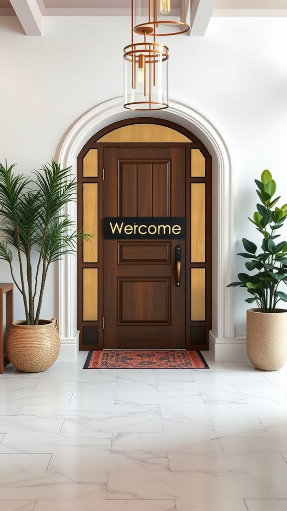 A welcoming entryway with a wooden door featuring a personalized name plate that says 'Welcome'.