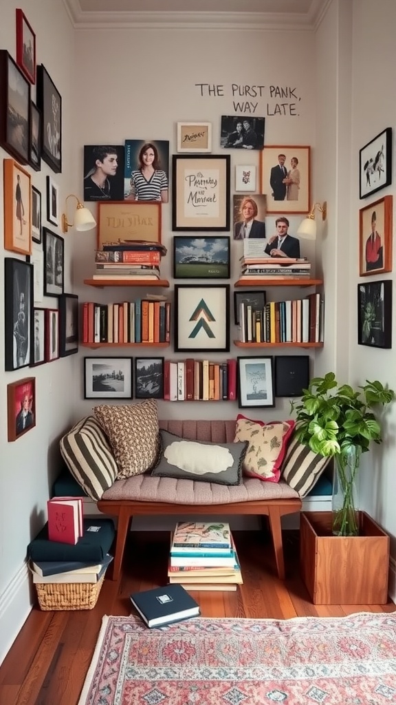 Cozy reading nook with personalized artwork on the walls, including photos and framed art, with a comfortable seating area.