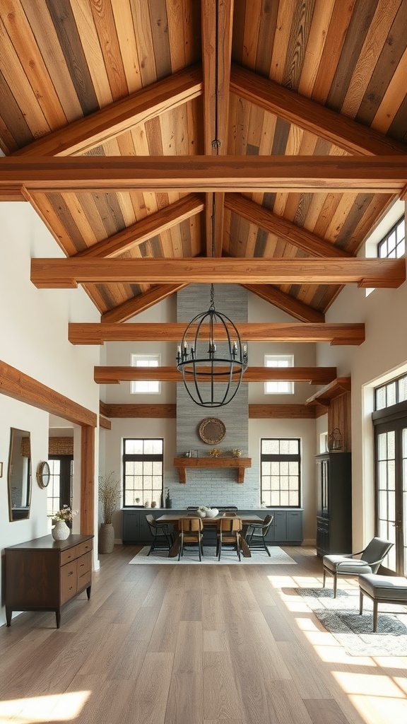 Interior of a modern farmhouse with reclaimed wood beams and a dining area.