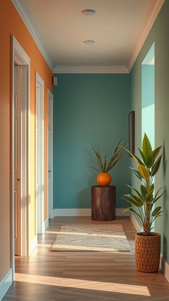 A stylish entryway with orange and teal walls, wooden accents, and potted plants.