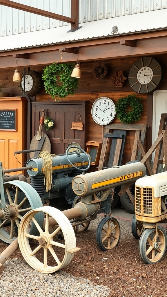 A display of vintage farm equipment, including old tractors and rustic decor elements, showcasing repurposed farm equipment as decor.