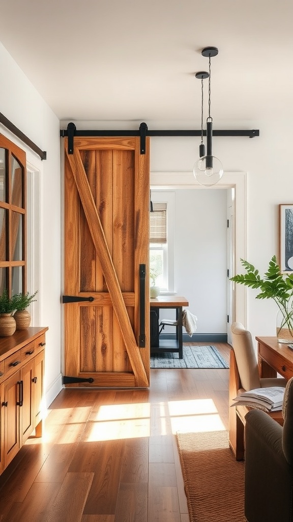 Rustic barn door sliding on a black track in a modern farmhouse interior