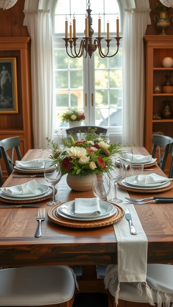 A rustic dining table set with a floral centerpiece, plates, and glasses, bathed in natural light.