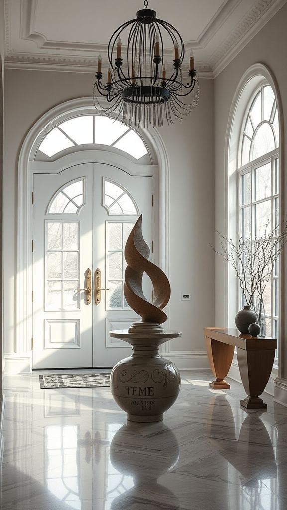 An elegant entryway featuring a sculptural decor piece on a pedestal, a wooden table, and large windows allowing natural light.