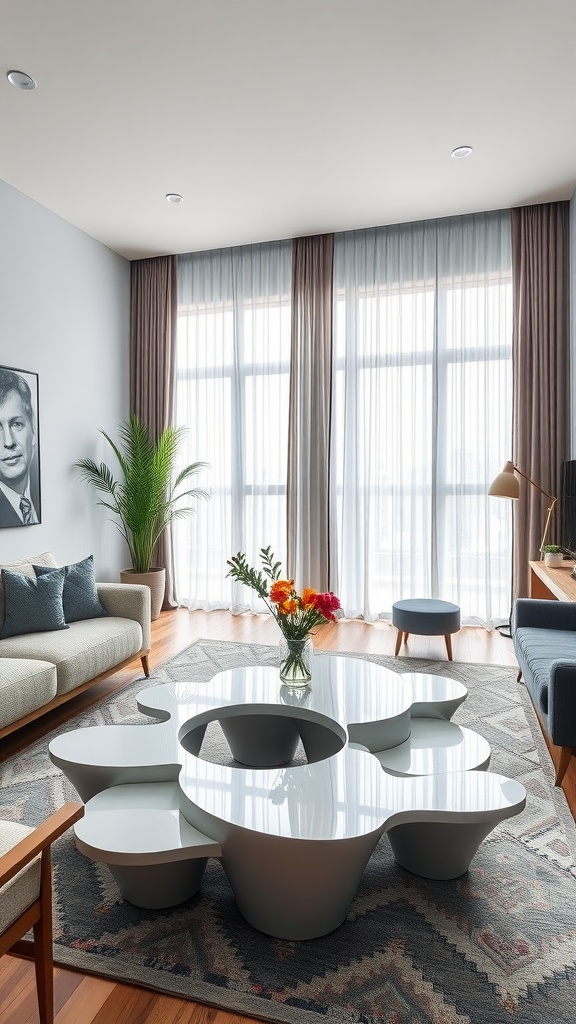 A modern living room featuring a sculptural coffee table, comfortable seating, and large windows with curtains.