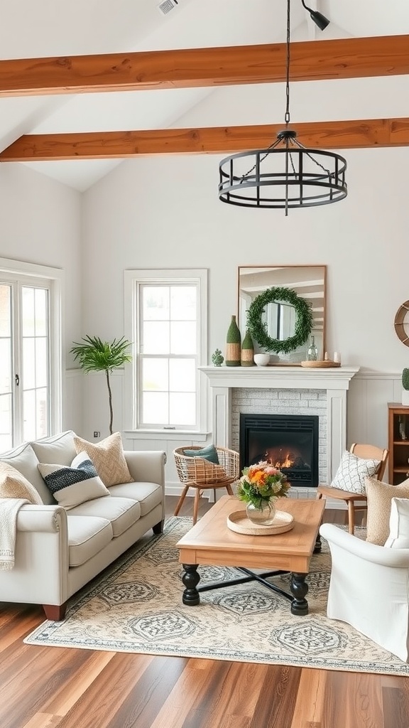 Cozy modern farmhouse living room with seasonal decor elements