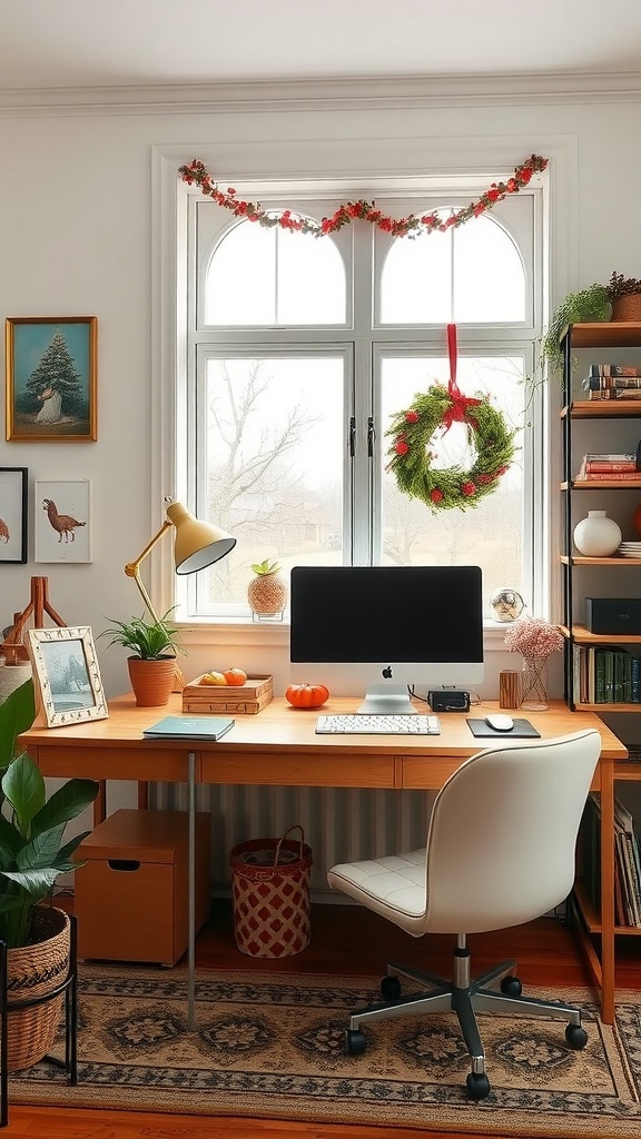 A cozy home office decorated for the season with a wreath, garland, pumpkins, and plants.