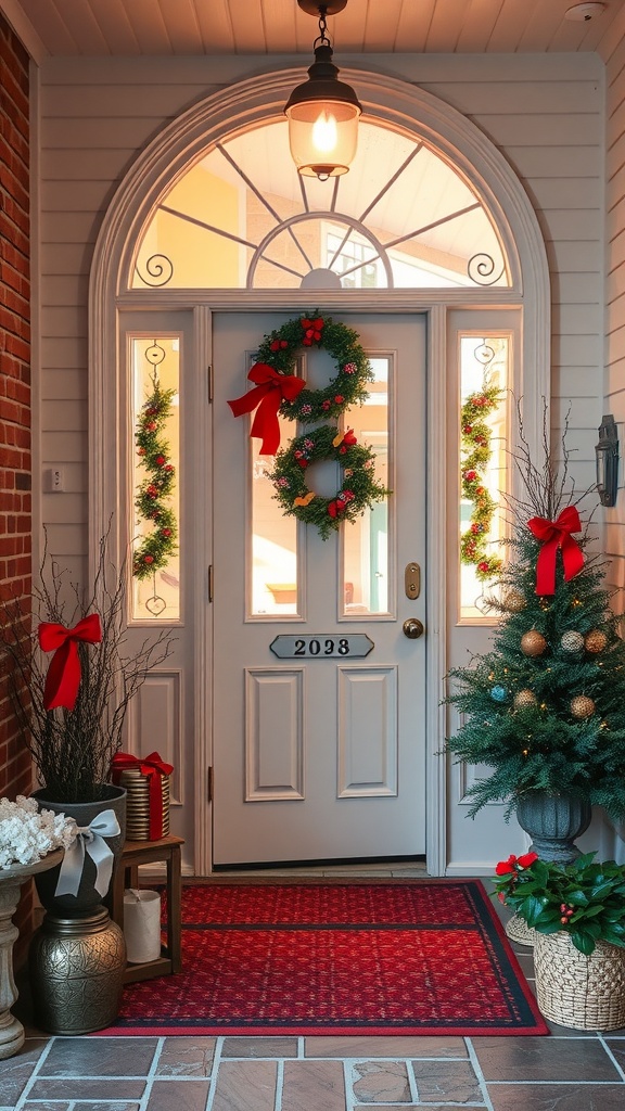 A festive entryway decorated with Christmas wreaths, a small tree, and a red doormat.