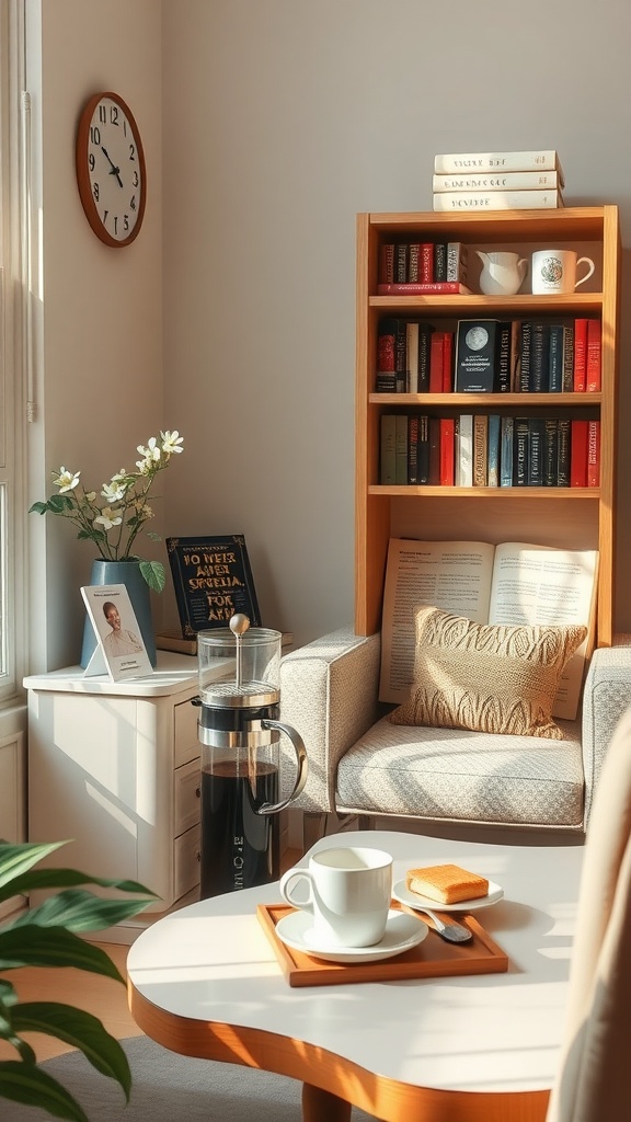 A cozy reading nook featuring a coffee station with a French press, a cup of coffee, and a biscuit on a tray, surrounded by books and natural light.