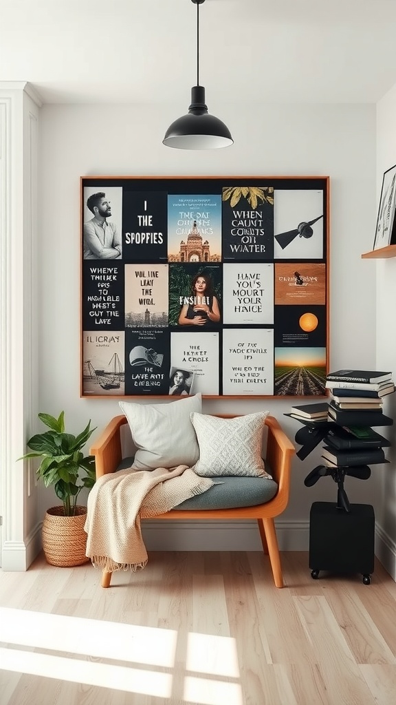 A stylish mood board featuring a mix of inspirational images and quotes, creating a cozy reading nook atmosphere.