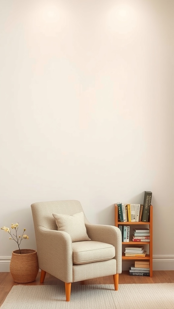 A cozy reading nook featuring a soft beige armchair with a pillow, a small bookshelf with books, and a decorative basket.