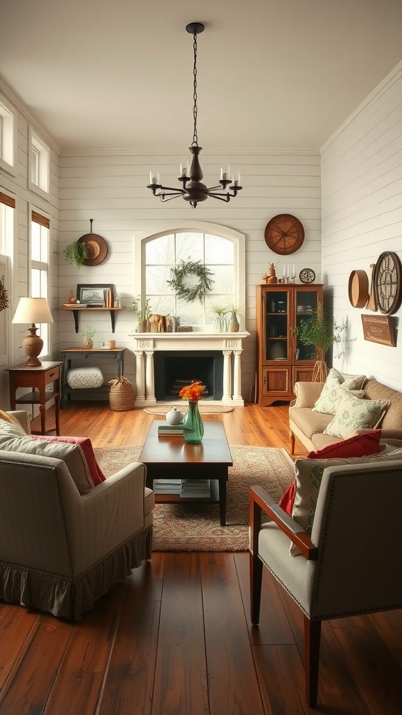 Living room featuring shiplap walls, a fireplace, and cozy furniture