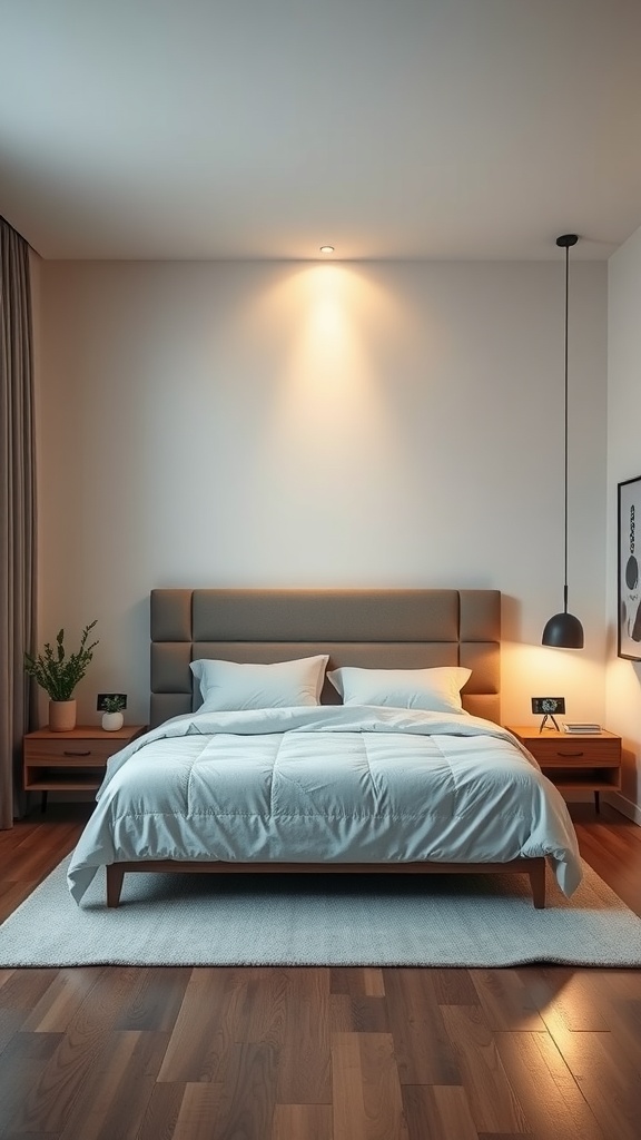 A chic bedroom featuring a modern bed, stylish nightstands, and integrated lighting