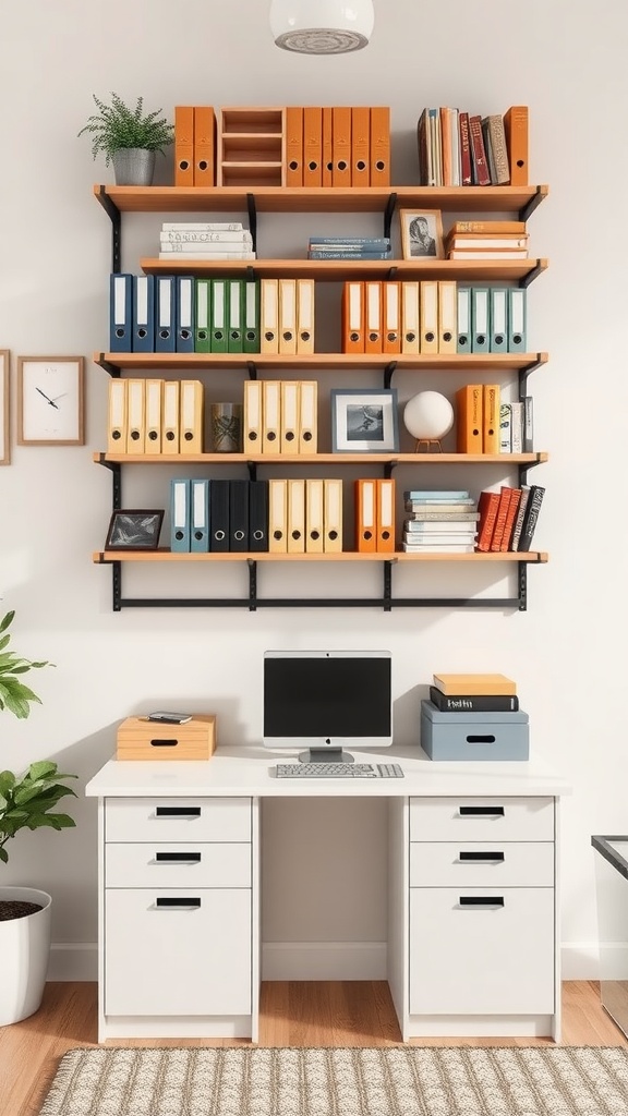 A colorful and organized home office setup featuring wall-mounted shelves filled with binders and books, a clean desk with a computer, and decorative plants.