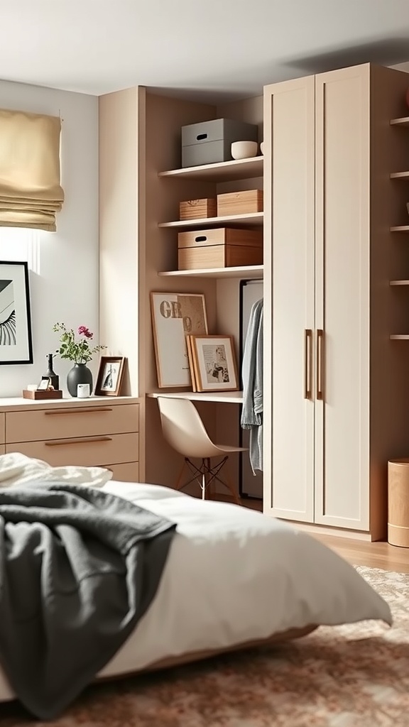 A stylish bedroom featuring smart storage solutions with a built-in wardrobe, shelves, and decorative items.