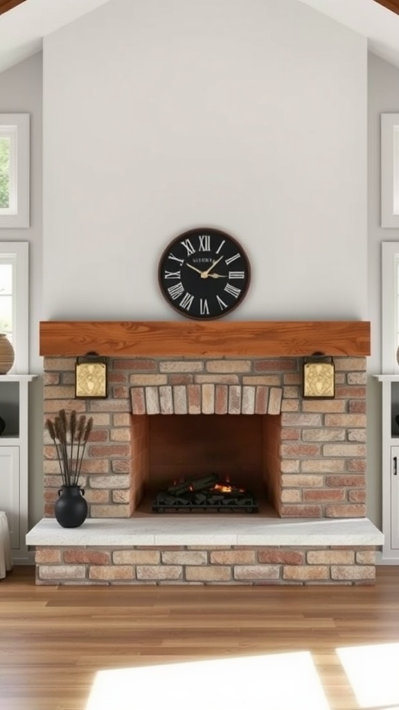 A rustic fireplace with a wooden mantel, brick structure, and decorative elements.