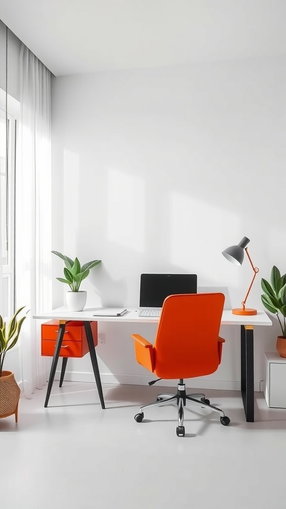 A modern home office featuring a bright orange chair, a sleek desk, plants, and stylish lighting.