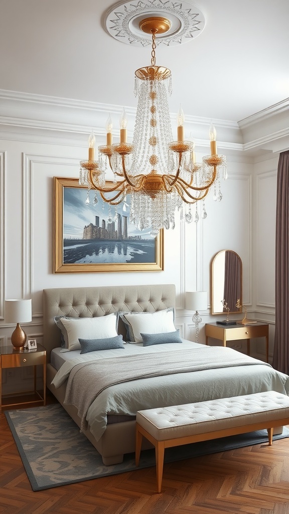 Elegant chandelier in a stylish bedroom, complementing a cozy bed and tasteful decor.