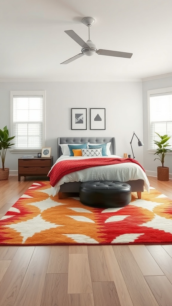 A chic bedroom featuring a colorful statement rug in red and orange tones, with a neatly made bed and simple decor.