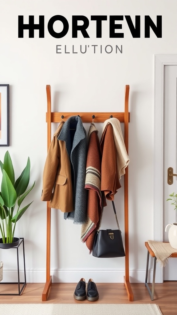 Stylish wooden coat rack with coats, a bag, and shoes in a cozy entryway