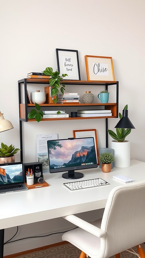 A stylish home office setup featuring a white desk, laptop, computer, potted plants, and desk accessories