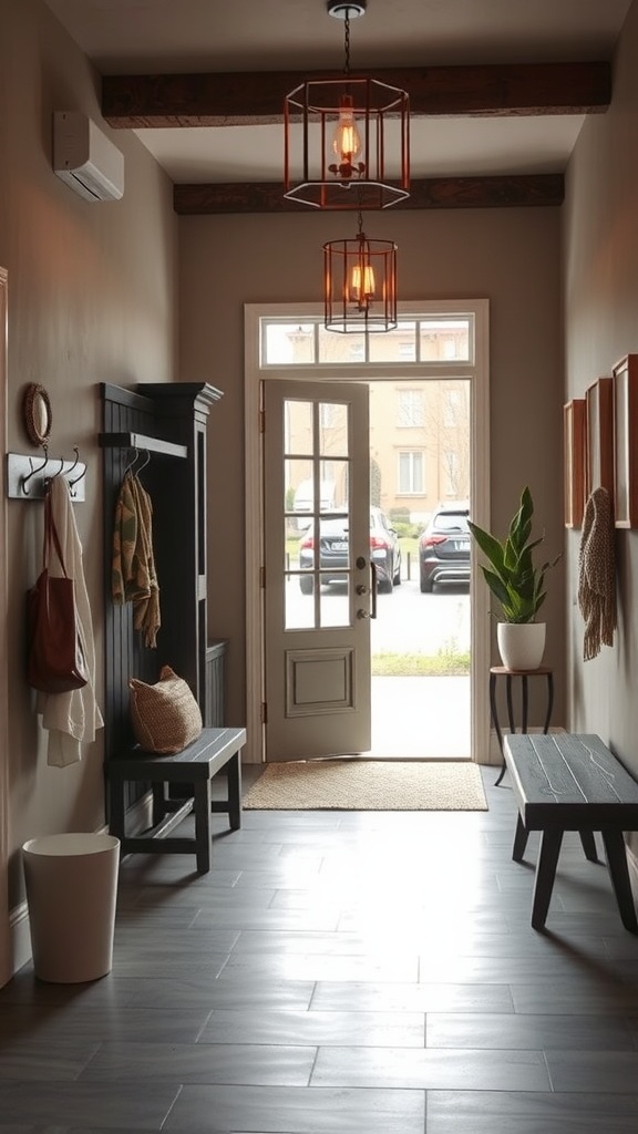 A stylish and functional entryway featuring warm lighting, simple furniture, and greenery.