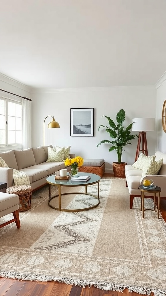 A cozy living room featuring a stylish farmhouse rug, light-colored furniture, and plants.