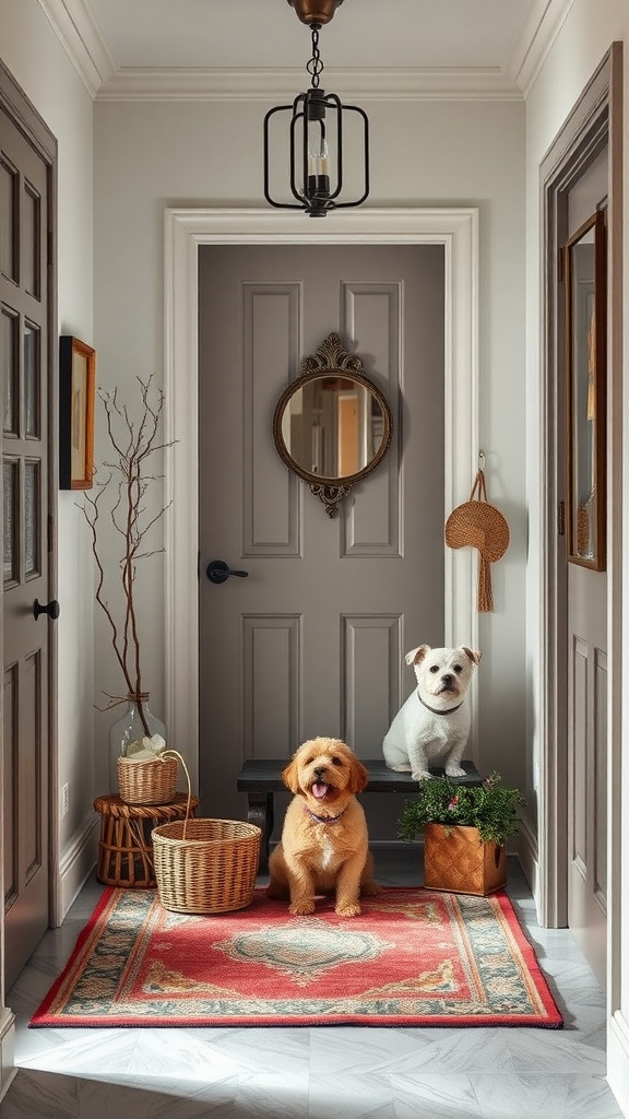 A stylish entryway with two dogs, woven baskets, and a vibrant rug.