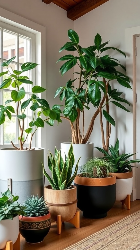 A stylish display of various indoor plants in different pots by a window.