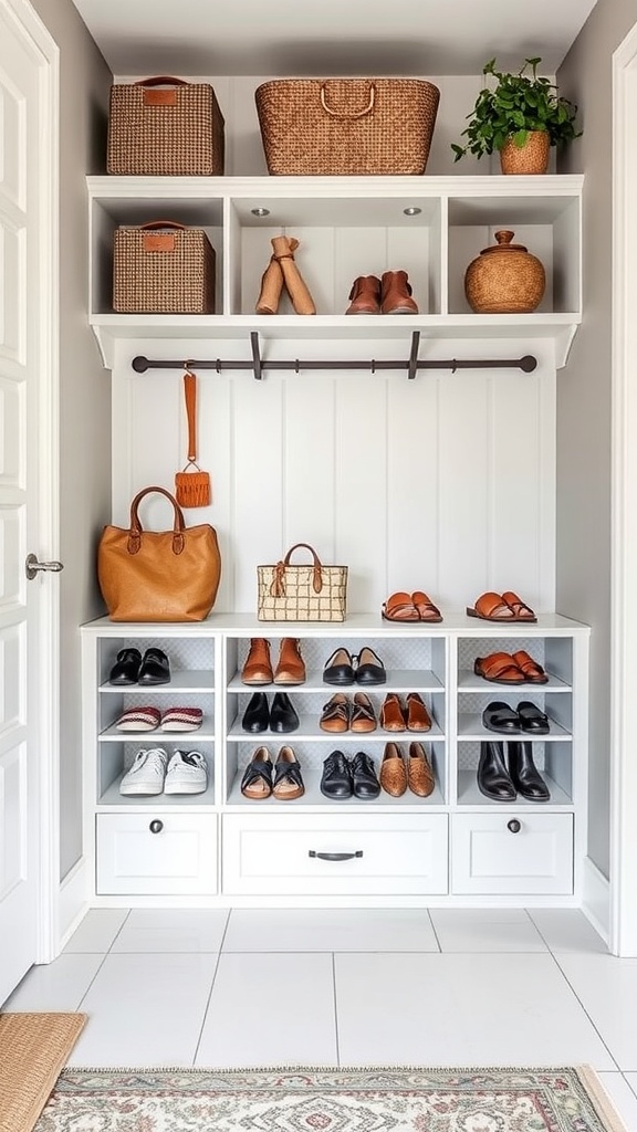 A stylish entryway with organized shoe storage, featuring shelves, baskets, and a hanging rod.