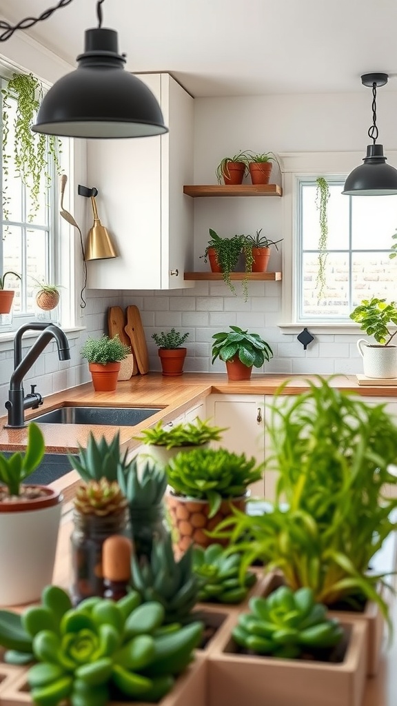 A modern farmhouse kitchen filled with various succulents and greenery, showcasing a fresh and inviting atmosphere.