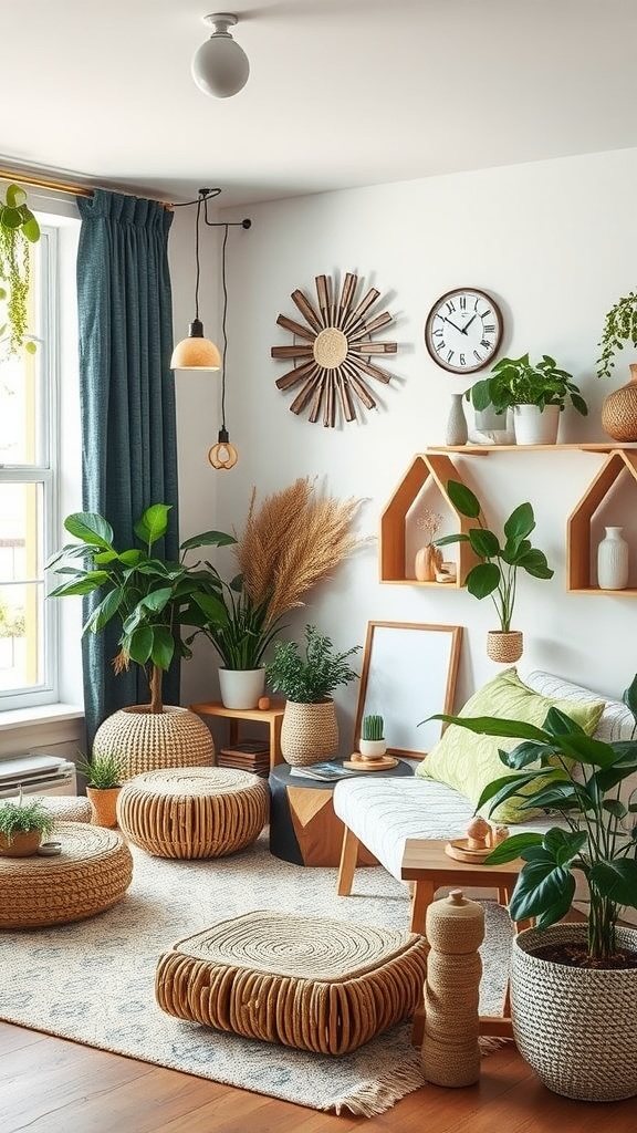 A cozy living room filled with plants and natural decor elements.