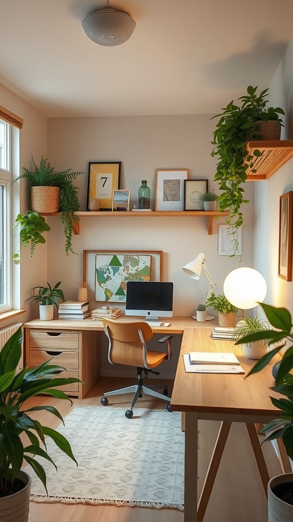 A cozy and sustainable home office with plants, a wooden desk, and a computer.