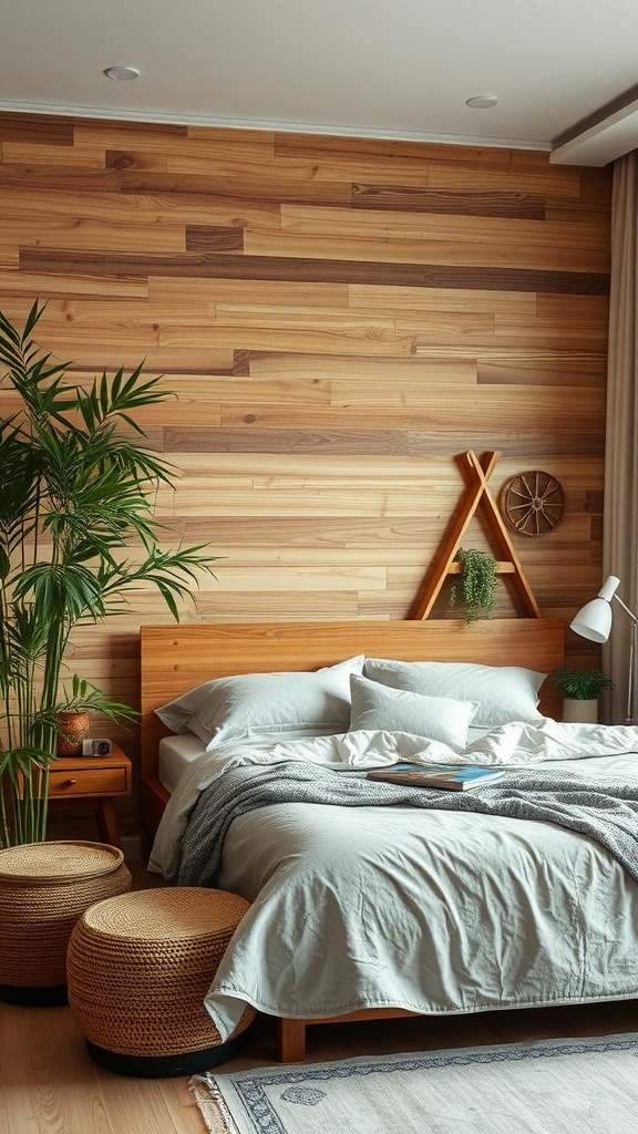 Cozy bedroom featuring sustainable materials like wood paneling and woven baskets, with a touch of greenery from a plant.