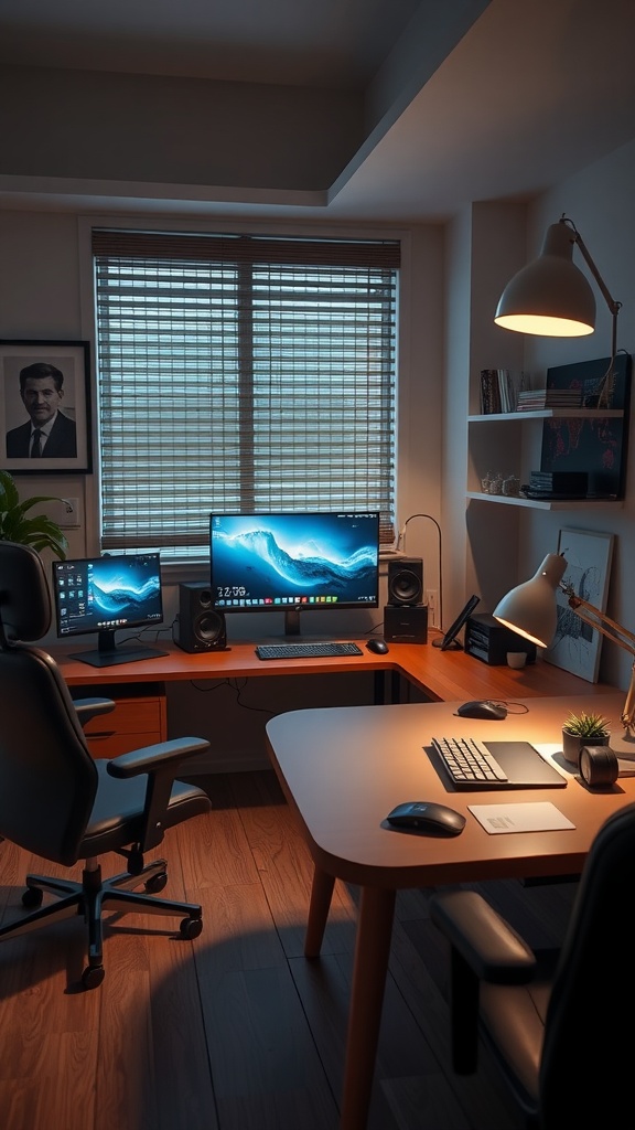 A modern home office featuring dual monitors, a wooden desk, ergonomic chairs, and stylish lighting.