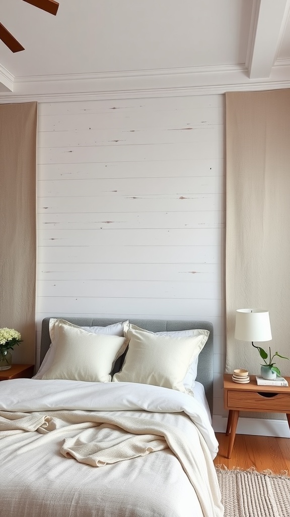 A cozy bedroom featuring a textured white wooden wall behind a bed with soft pillows and blankets.