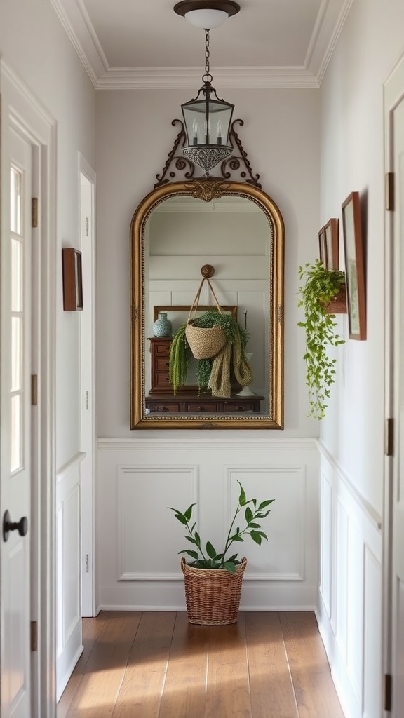 A hallway featuring a large vintage mirror, a hanging lantern, and indoor plants in a basket.