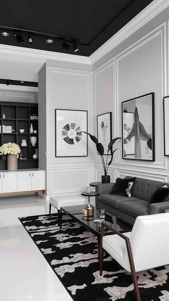 A modern living room featuring a black and white theme with artwork, furniture, and a stylish rug.