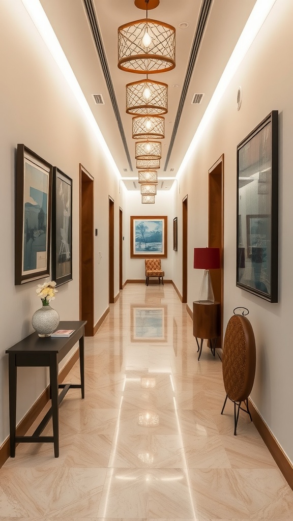 A modern hallway featuring artistic lighting, framed artwork, and stylish furniture.