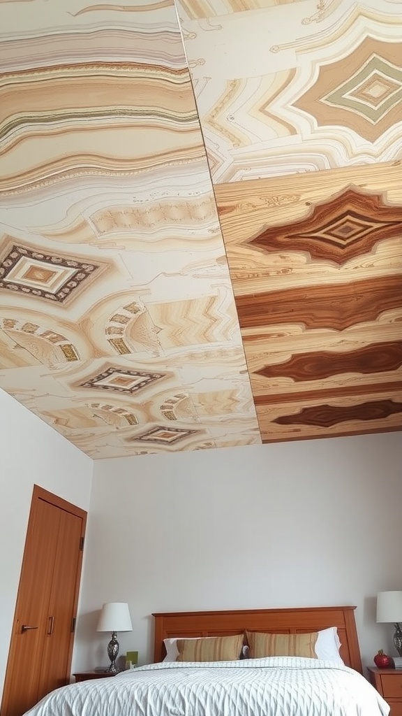 Interior view of a bedroom with a uniquely designed ceiling resembling wood patterns, featuring a bed and lamps.