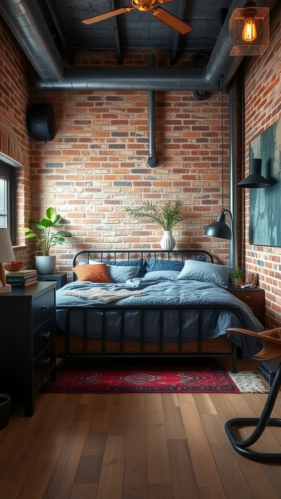 Cozy urban industrial style bedroom with exposed brick walls, metal bed frame, wooden floor, and warm lighting.