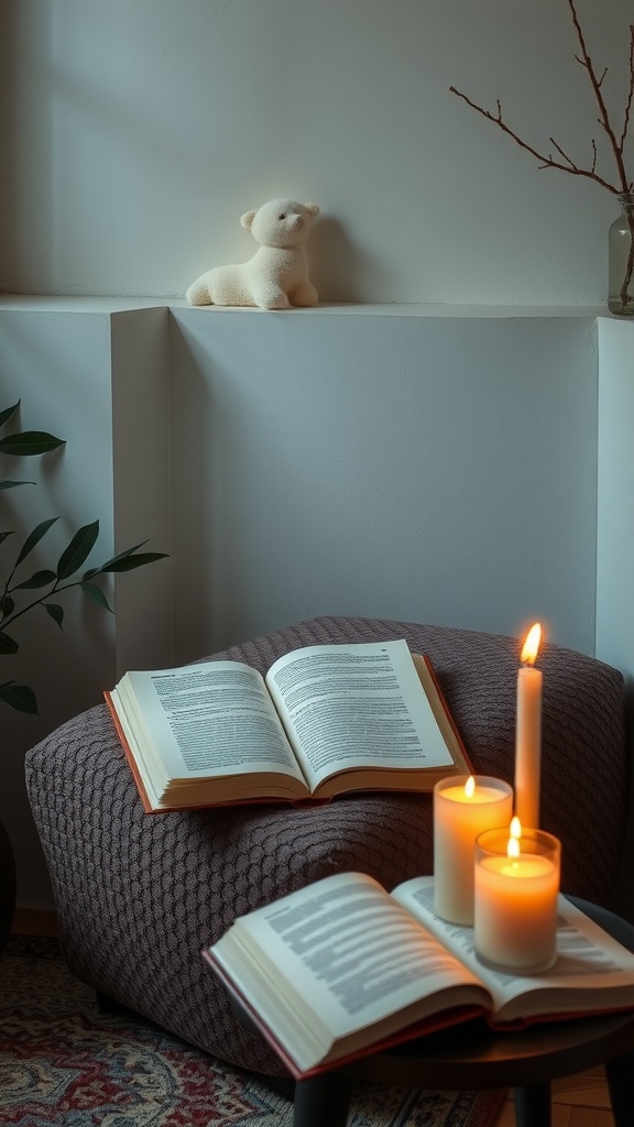 A cozy reading nook with open books and aromatic candles lit on a small table.